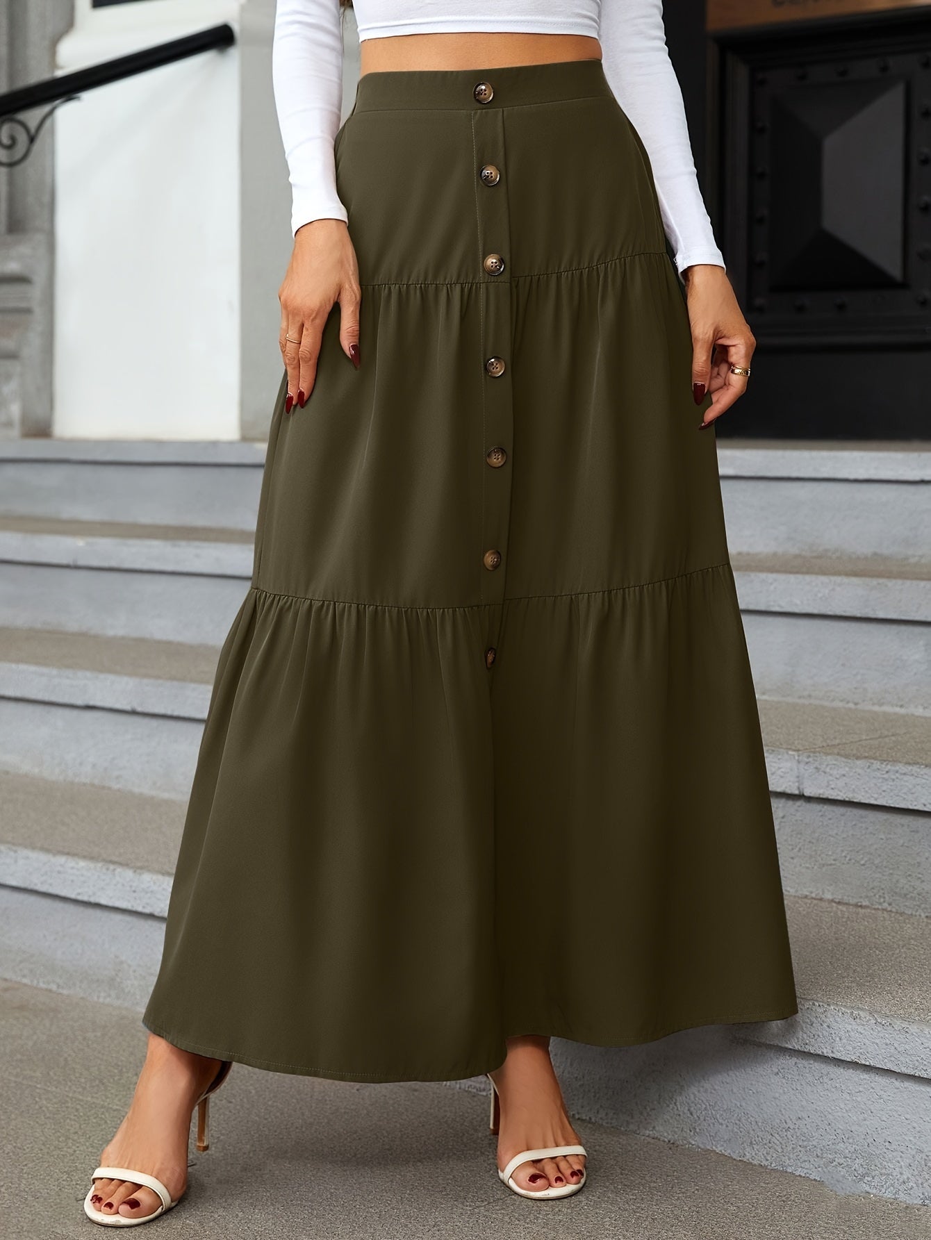 Tiered Maxi Skirt - High Waist Button Front